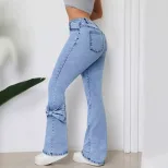 High Waisted Flared Jeans Stretch Denim Washed Finish Comfortable Fit Casual Wear for Women Whol