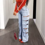 Wide Leg Denim Jeans Fashionable Loose Fit Hollow Out Design Versatile Style Casual Wear for Wom