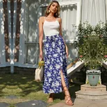 High Waisted Floral Midi Skirt Slim Fit Blue Color Comfortable Fabric Casual Wear Summer Style W