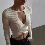 Womens Long Sleeve Cropped Top Hollow Out Design Ribbed Fabric Sexy Style Perfect for Fall Fashi