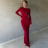 French Style Long Sleeve Deep V Neck Ruched Bodycon Dress Versatile Two Way Wear High Waist Eleg