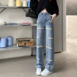 刺绣直筒牛仔裤女2023春秋新款学生甜美可爱设计感宽松拖地长裤潮