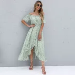 Vintage Floral Print Asymmetrical Off Shoulder Dress Short Sleeve Sweet Style Summer Wear Wholes