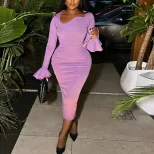 Fashionable Long Sleeve A Line Dress Round Neck Solid Color Midi Length Side Slit Irregular Hem
