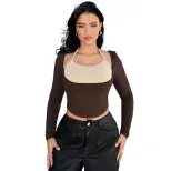 Color Block Hollow Out Halter Long Sleeve Top Slim Fit High Waist Stylish Design Perfect for Cas