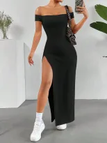 Elegant Black Off Shoulder Midi Dress Sexy Split Design Spring Summer Fashion Wholesale Availabl