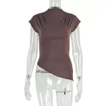 Asymmetrical High Neck Short Sleeve T Shirt Slim Fit Solid Color Summer Fashion Casual Wear for