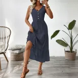 Sleeveless V Neck Summer Dress Minimalist Design Solid Color Adjustable Tie Casual Wear for Wome
