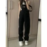 复古黑色牛仔背带裤女2023春秋新款学生高腰百搭宽松直筒拖地长裤