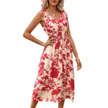 Sleeveless V Neck Floral Print Dress Red Beach Ready Lightweight Fabric Summer Vacation Style Wh
