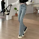 亚马逊高腰显瘦微喇裤牛仔裤女2023春秋新款辣妹直筒百搭阔腿长裤