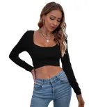 Slim Fit Long Sleeve T Shirt Casual Style Square Neck High Elasticity Short Length Perfect for E
