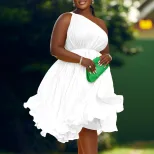 Plus Size Womens Dress Summer Collection Asymmetrical Shoulder Pleated Design Solid Color Elegan