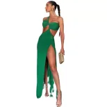 Sleeveless Asymmetrical Dress Solid Color Sexy Backless Long Length Ruched Design Side Slit Even