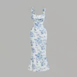Summer Womens Bodycon Dress Blue and White Porcelain Print Backless Strapless Mermaid Hem Perfec