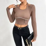 Womens Fitted Knit Long Sleeve T Shirt Exposed Stitching Halter Neck Stylish Design Autumn Winte