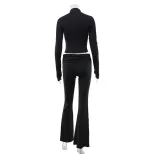 Fashionable Hollow Out Crop Top and Slim Fit Flare Pants Set Stylish Sexy Solid Color Spring and