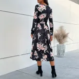 Floral Print Long Sleeve Dress V Neck Autumn Style Elegant Design Wholesale Womens Apparel low M