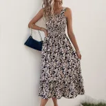 Abstract Print Ruffled Maxi Dress Sleeveless Beach Vacation Style Lightweight Fabric Wholesale A
