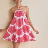 Summer Floral Print Halter Dress Loose Fit Flared Skirt Comfortable Fabric Casual Wear for Women