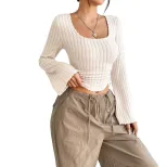 Fashionable Elegant Womens T Shirt Square Neck Flared Long Sleeves Spring Summer Style Wholesale