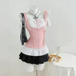 Color Block Bow Tie Slim Fit Short Sleeve T Shirt Casual Style Versatile Womens Apparel Ready to