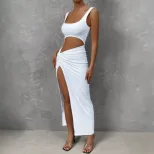 Sleeveless Midi Dress Simple Solid Color Hollow Out Design Slim Fit Spring Summer Fashion Wholes