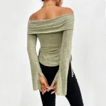 Off Shoulder Knit Top Long Sleeve Bell Sleeve Split Design Fall Winter Fashion for Women Wholesa