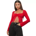 Womens Vintage Sexy Crop Top Slim Fit Long Sleeve Midriff Baring Spring Summer Fashion Wholesale