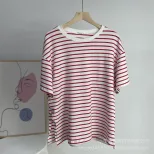 Womens Striped Cotton T Shirt Loose Fit Long Sleeve Split Hem Casual Spring Summer Style Wholesa