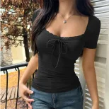 Lace Short Sleeve Top Square Neck Slim Fit Adjustable Tie Design Versatile Summer T Shirt Wholes