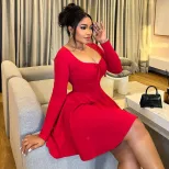 Fashionable Womens A Line Dress Long Sleeve Ruched Waist Solid Color Ideal for Dates and Casual