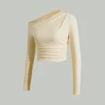 Knitted Long Sleeve Top Slim Fit Ruched Design Asymmetrical Shoulder Casual or Night Out Wholesa