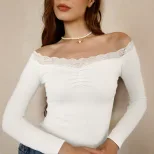 Off Shoulder Lace Top Vintage Style Sweet Aesthetic Long Sleeve Short Length Perfect for Casual