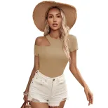 Knitted Slim Fit T Shirt Sexy Hollow Shoulder Design Trendy Casual Wear for Women Wholesale Avai