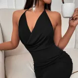Halter Neck Dress V Neck Backless Short Length Spring Summer Party Wear Wholesale Available