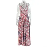 Womens A Line Dress Color Block Floral Print Halter Neck Backless Slim Fit for Casual Outings Wh