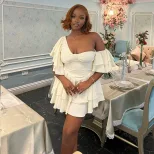 European Style Asymmetrical Ruffled Neck Short Sleeve Dress Solid Color Pleated Design Cake Hem