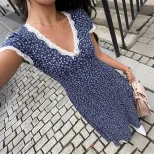 Floral Print Lace Trimmed V Neck Short Sleeve Dress Sweet Vacation Style Ideal for Summer Events