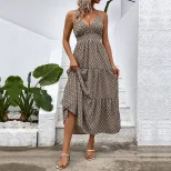 Summer Womens Khaki Geometric Print Maxi Dress Casual Beach Vacation Style factory direct