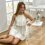 Summer Womens White Ruffled Mini Dress French Style Sleeveless Layered Design Perfect for Casual