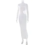 Elegant High Neck Long Sleeve Bodycon Dress Hollow Out Design Solid Color Slim Fit Perfect for E