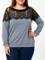 Plus Size Long Sleeve Lace Panel T Shirt Round Neck Stylish Design Comfortable Fabric Casual Wea