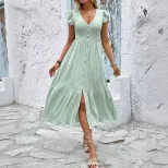 Sweet and Fresh V Neck Dress with Flutter Sleeves Solid Color Lightweight Fabric Perfect for Spr