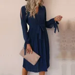 Womens Long Sleeve Hollow Out Dress Solid Color V Neck European and American Design Perfect for