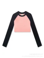 Long Sleeve Cropped T Shirt Slim Fit Color Block Raglan Sleeve Knit Fabric Casual Wear for Autum