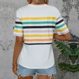 Colorful Striped Short Sleeve T Shirt for Women Summer Style Casual Fit Comfortable Fabric Whole