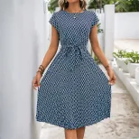 Geometric Print Short Sleeve Dress Minimalist Style Round Neck Comfortable Fabric Perfect for Ca