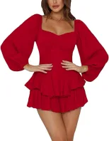 Womens Ruffled Jumpsuit Lantern Long Sleeves Square Neck Waist Cinching Chic Style Summer Casual