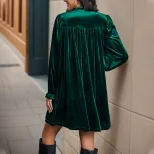 Vintage Style Green Velvet Dress Loose Fit Short Length Autumn Winter Fashion Wholesale Availabl